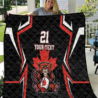 Black quilt with red and white angular stripes, beaver mascot, number 21, custom text
