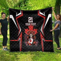 Black quilt blanket featuring red and white jersey lines, beaver mascot, number 21, custom text