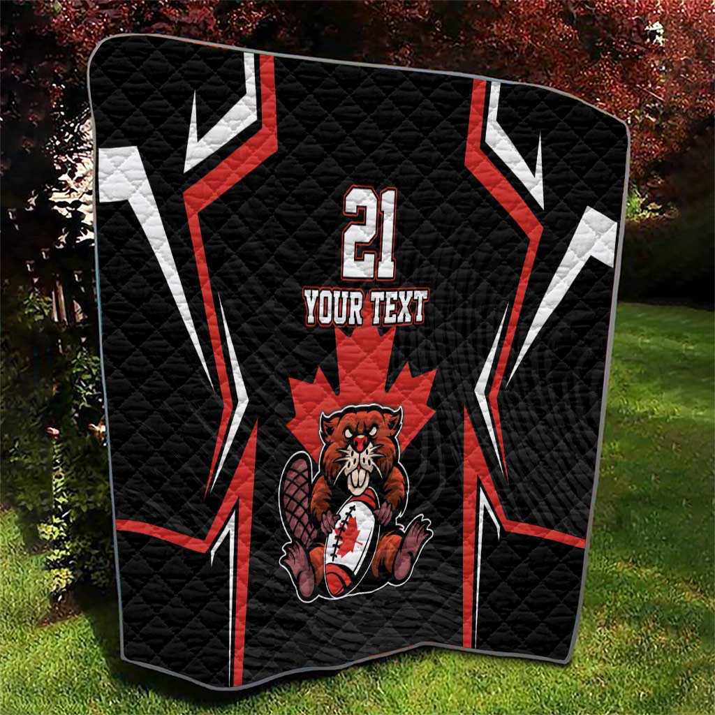 Black quilt with red and white jersey design, beaver graphic, and number 21; custom text