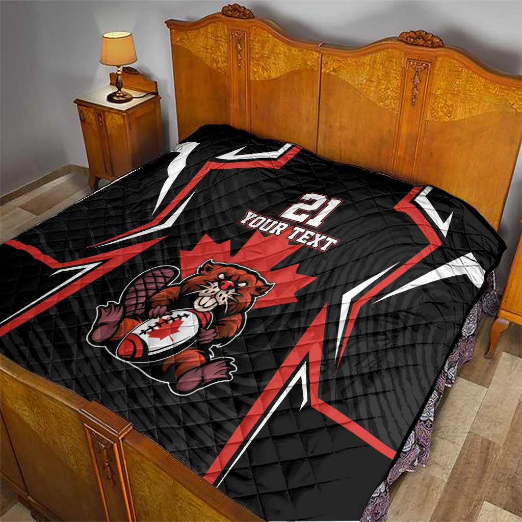 Black bed quilt with red and white jersey artwork, beaver mascot, number 21, custom text