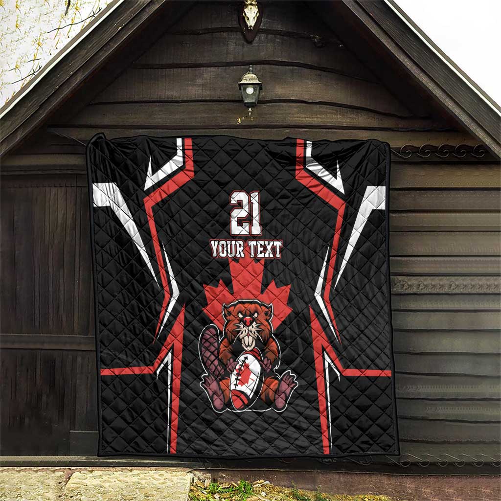 Black quilt with red trim lines, white arrow shapes, beaver mascot, number 21, custom text