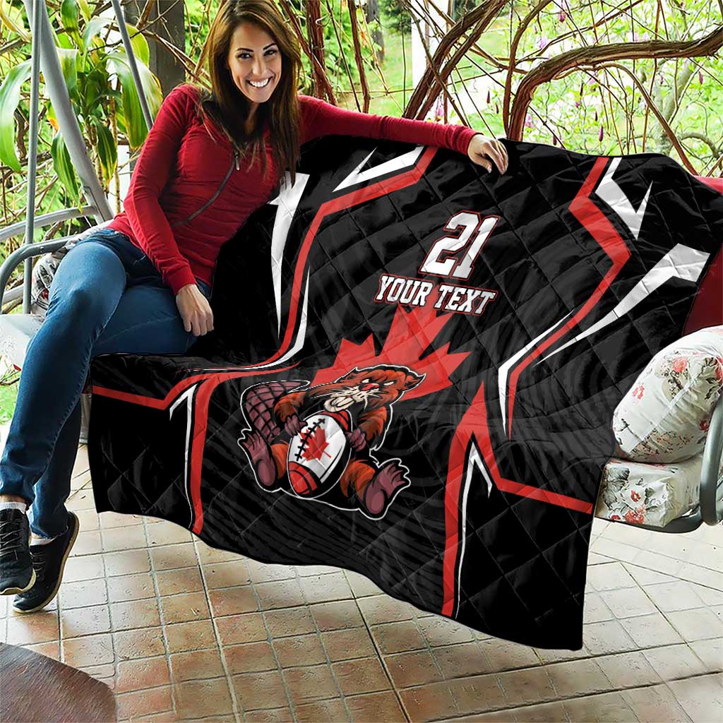 Black quilt blanket with red and white sports design, beaver mascot, number 21, custom text