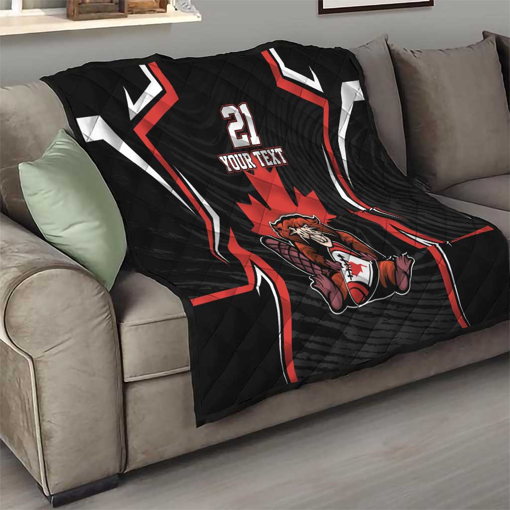 Black sofa throw quilt with red and white jersey pattern, beaver mascot, number 21, custom text