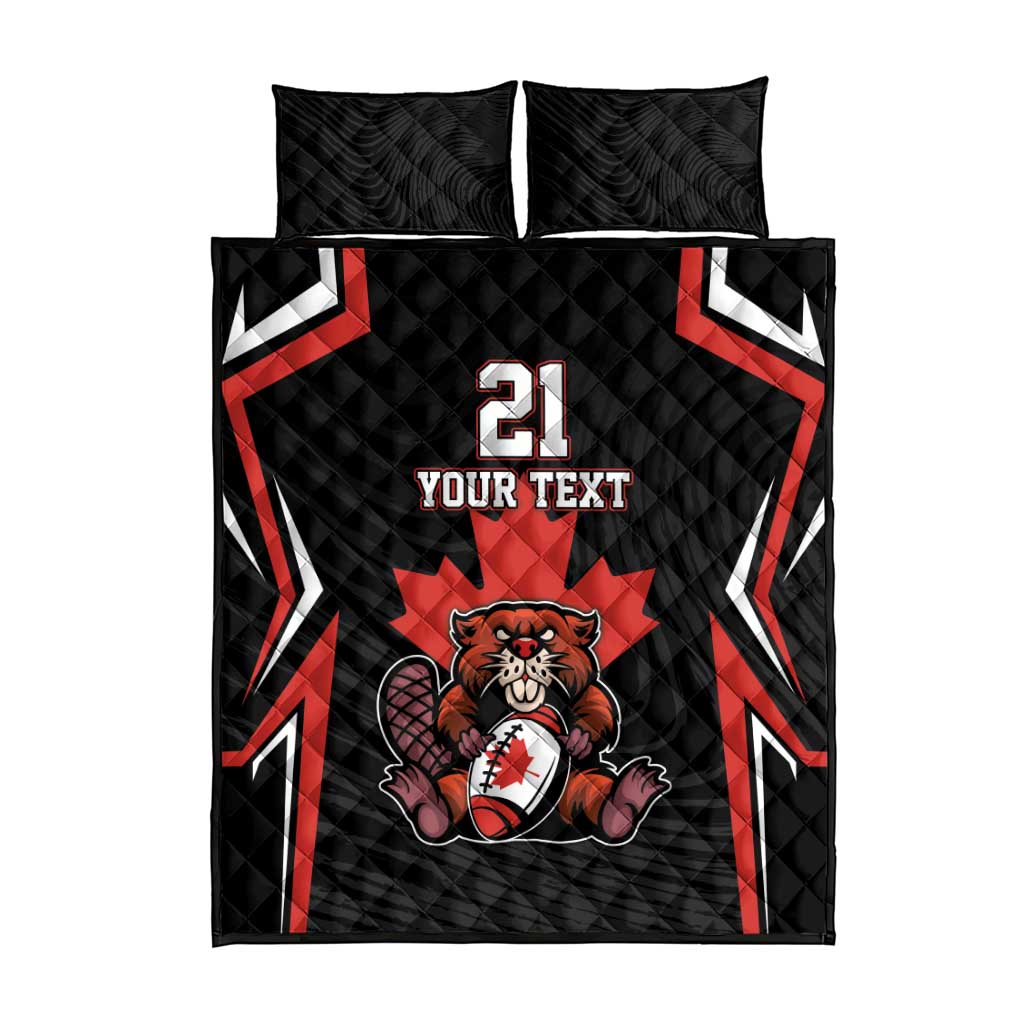 Black quilt bed set with two matching pillows, red/white design, bulldog, 'YOUR TEXT', 21
