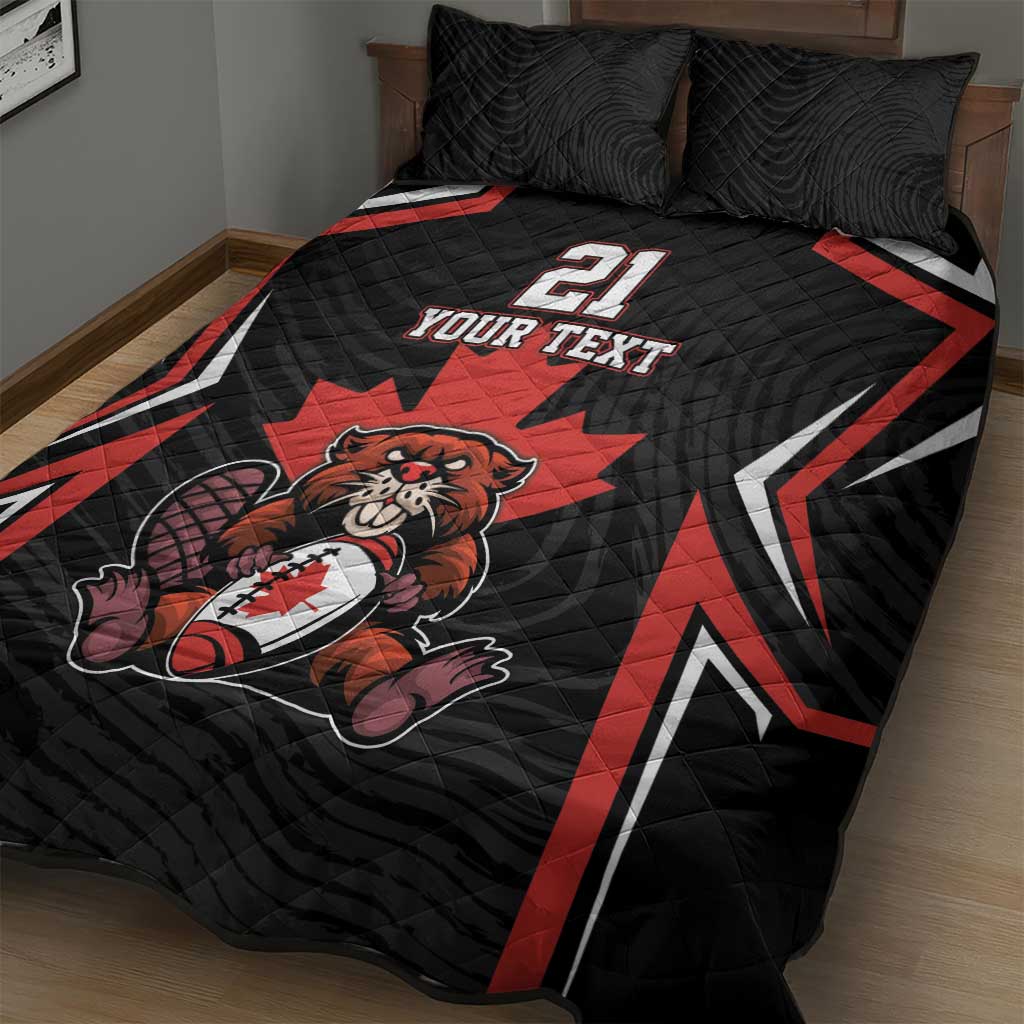 Black quilt bed set with bulldog and football graphic, red starburst accents, 'YOUR TEXT', 21