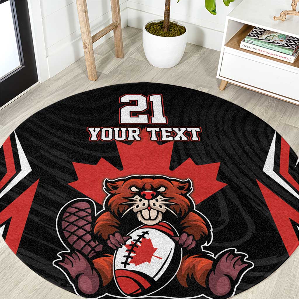 Black round sports rug with red mascot emblem and '21 YOUR TEXT' center text