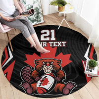 Black round rug featuring red-and-white mascot design with '21 YOUR TEXT'