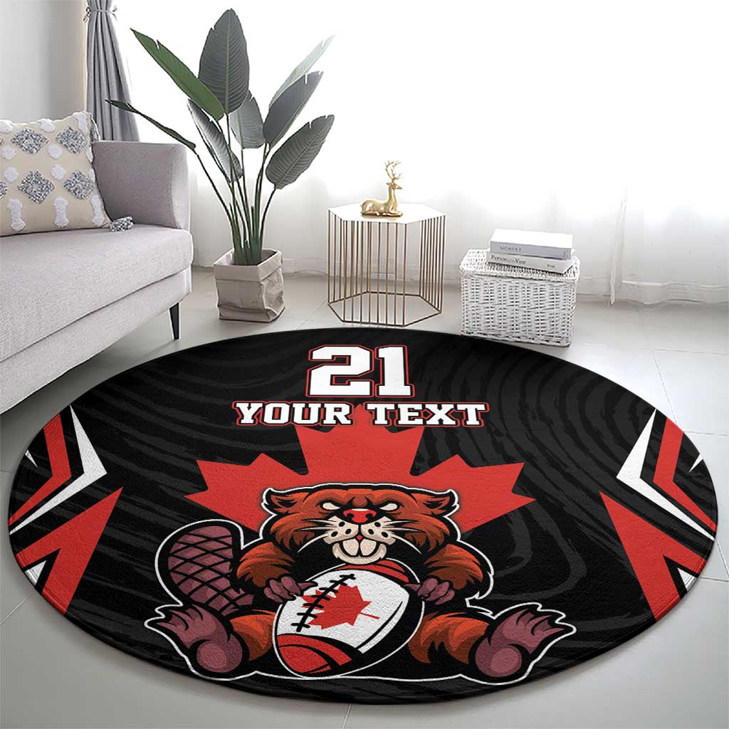 Black round rug with red mascot graphic and '21 YOUR TEXT' lettering
