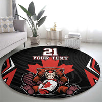 Black round rug with red mascot graphic and '21 YOUR TEXT' lettering