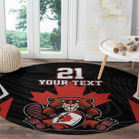 Black round rug with red maple-style center graphic and '21 YOUR TEXT' text
