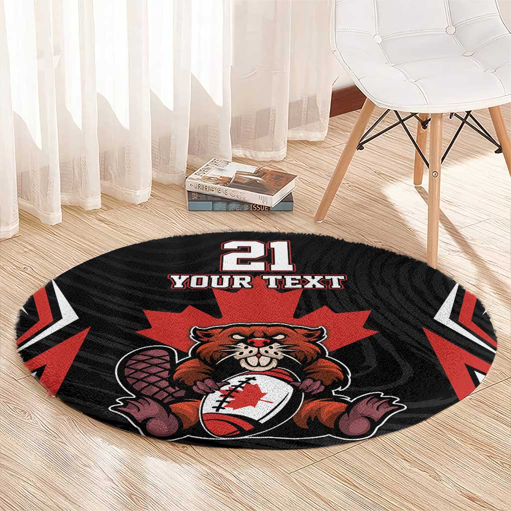Black circular rug with red mascot artwork and '21 YOUR TEXT' across the center