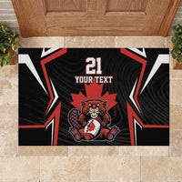 Black rubber rugby doormat with red/white graphics, beaver mascot, and “21 YOUR TEXT”