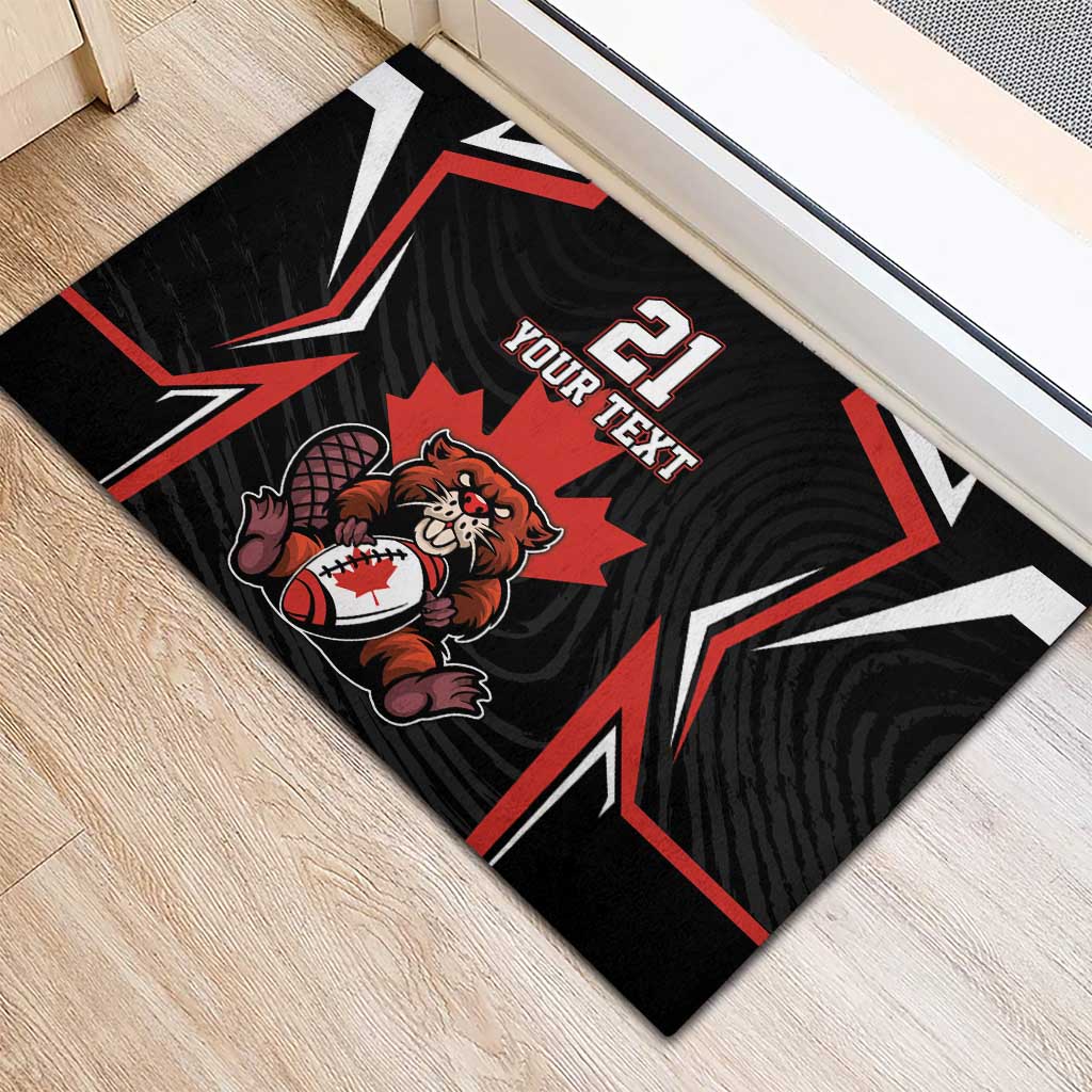 Black rubber doormat corner view with beaver mascot, maple leaf, and “21 YOUR TEXT”