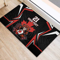 Black rubber doormat corner view with beaver mascot, maple leaf, and “21 YOUR TEXT”