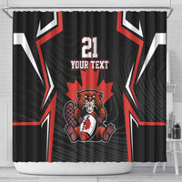 Black shower curtain with beaver and maple leaf graphic, red stripes, number 21, "YOUR TEXT"