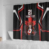 Black shower curtain with red and white angular stripes, beaver mascot, maple leaf, 21