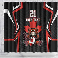 Black shower curtain with beaver holding football, red maple leaf, number 21, "YOUR TEXT"