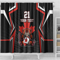 Black shower curtain with red accents, beaver mascot, maple leaf, number 21, "YOUR TEXT"