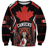 Black sweatshirt with red maple leaf, beaver mascot, CANUCKS text, striped sleeves
