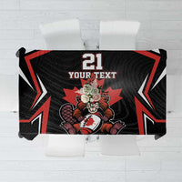 Black tablecloth with red trim, beaver and maple leaf graphic, custom text panel