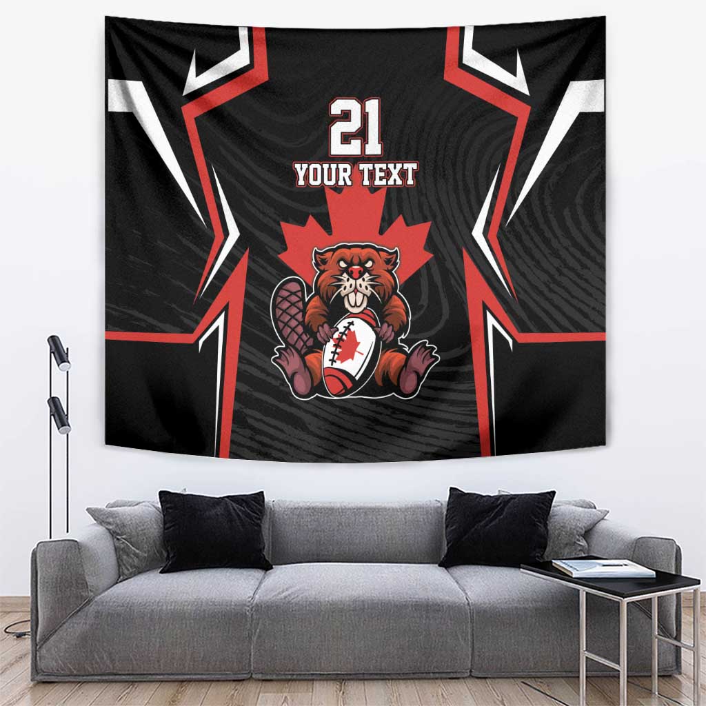 Black wall tapestry with red-and-white graphics, beaver mascot, maple leaf, and '21 YOUR TEXT'