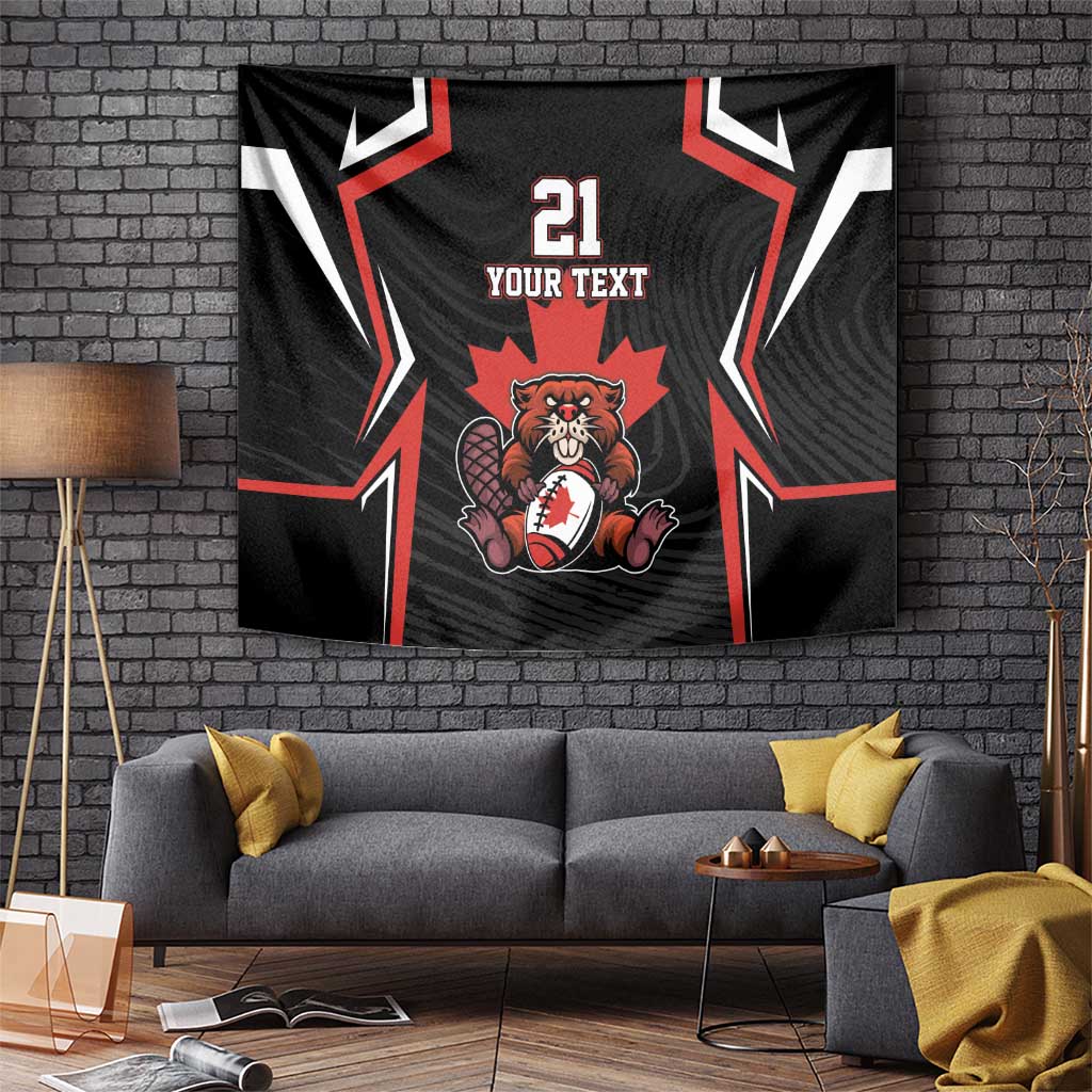 Rectangular black wall tapestry with beaver mascot, red maple leaf, and '21 YOUR TEXT' design