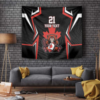 Rectangular black wall tapestry with beaver mascot, red maple leaf, and '21 YOUR TEXT' design