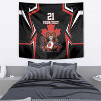 Black wall tapestry showing beaver mascot and red maple leaf with '21 YOUR TEXT'