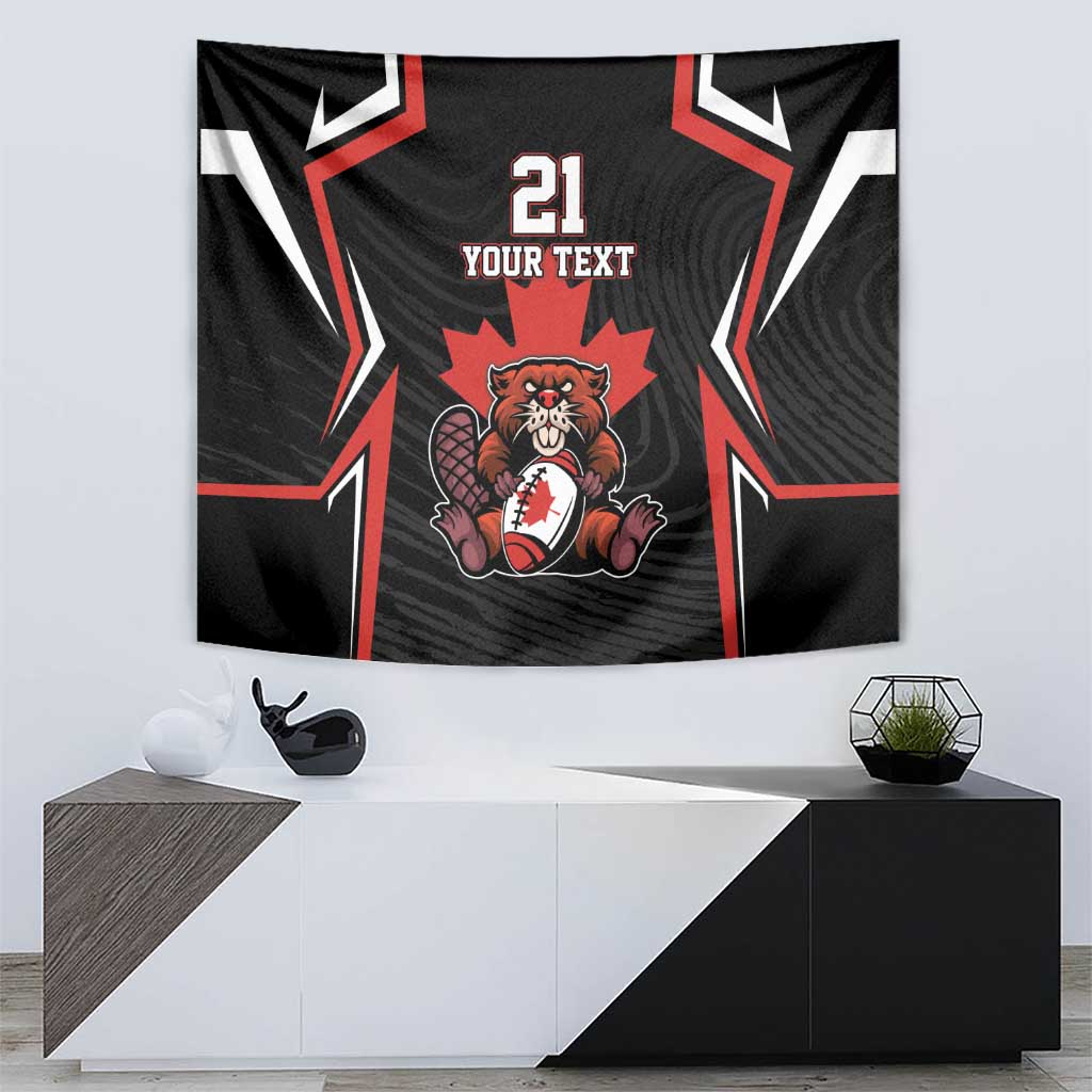 Black wall tapestry featuring beaver mascot, red maple leaf, and '21 YOUR TEXT' lettering