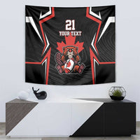 Black wall tapestry featuring beaver mascot, red maple leaf, and '21 YOUR TEXT' lettering