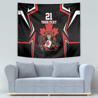 Black rectangular wall tapestry with red accents, beaver mascot, maple leaf, and '21 YOUR TEXT'
