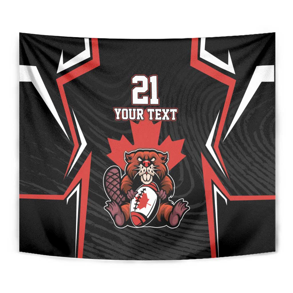 Close-up black wall tapestry with beaver mascot, red maple leaf, and '21 YOUR TEXT' text