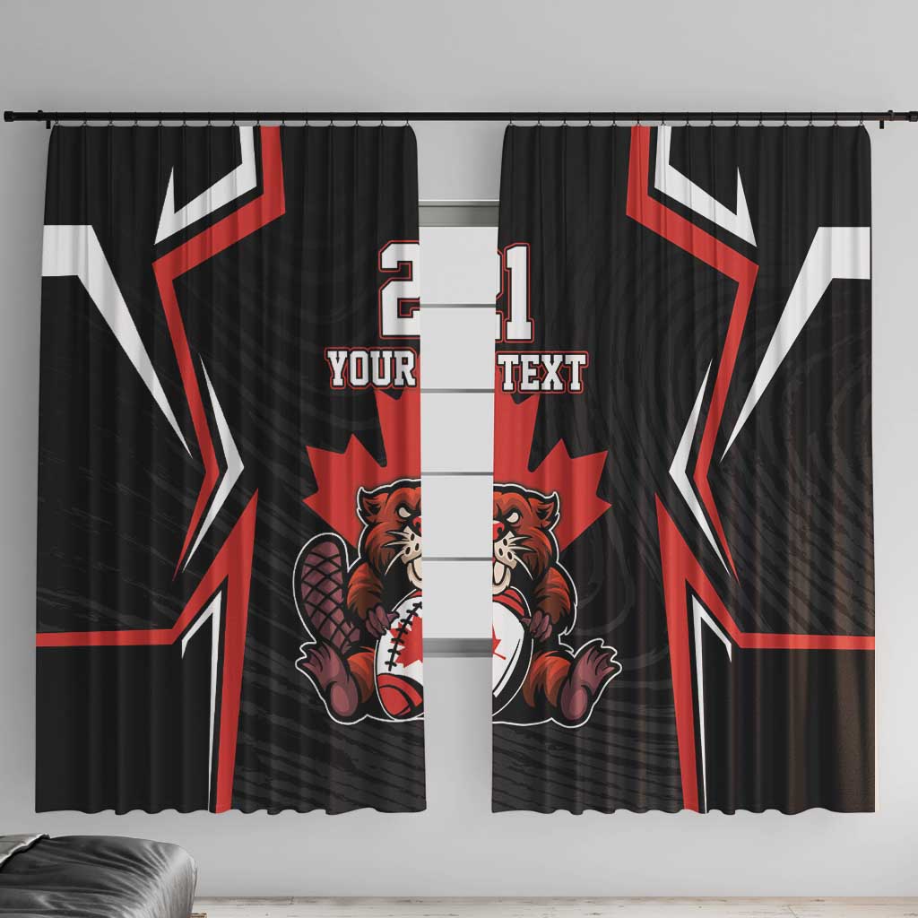 Custom Canada rugby window curtains, black with red white detailing, beaver graphic, grommet style