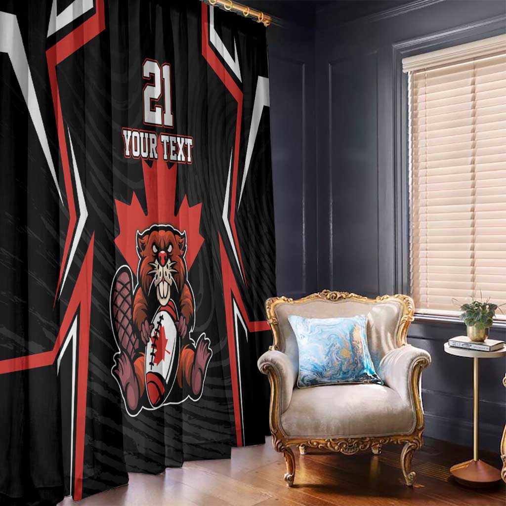 Black window curtain panel with red white Canada rugby design, beaver graphic, 'YOUR TEXT' header