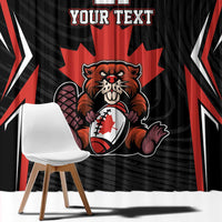 Close-up window curtain: black and red Canada rugby beaver mascot with 'YOUR TEXT' lettering