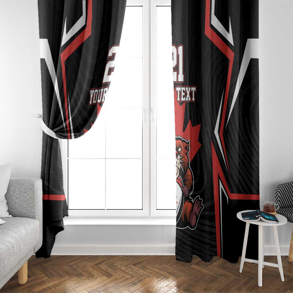 Custom Canada rugby window curtain panels, black with red white stripes and 'YOUR TEXT' print