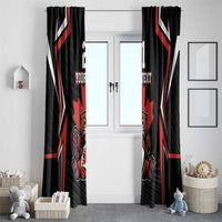 Black window curtain pair with red and white Canada rugby graphics, beaver emblem and 'YOUR TEXT'