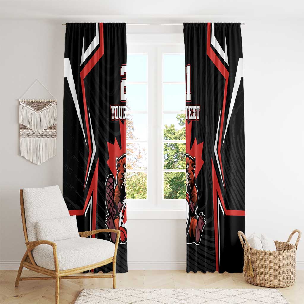 Custom Canada rugby curtains, black with red white accents, beaver graphic and 'YOUR TEXT' text