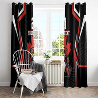 Window curtain pair in black with red white Canada rugby stripes, beaver graphic, 'YOUR TEXT'
