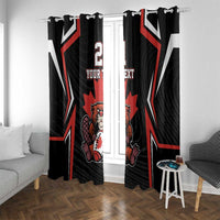 Black custom Canada rugby curtain set with red white stripes and beaver graphic, 'YOUR TEXT'