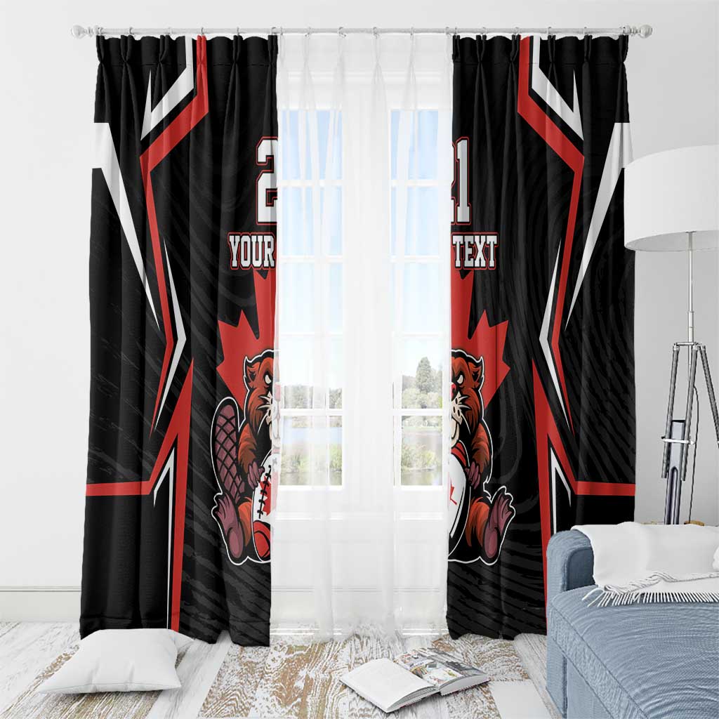 Custom Canada rugby window curtain set, black with red white stripes and beaver graphic, hooks