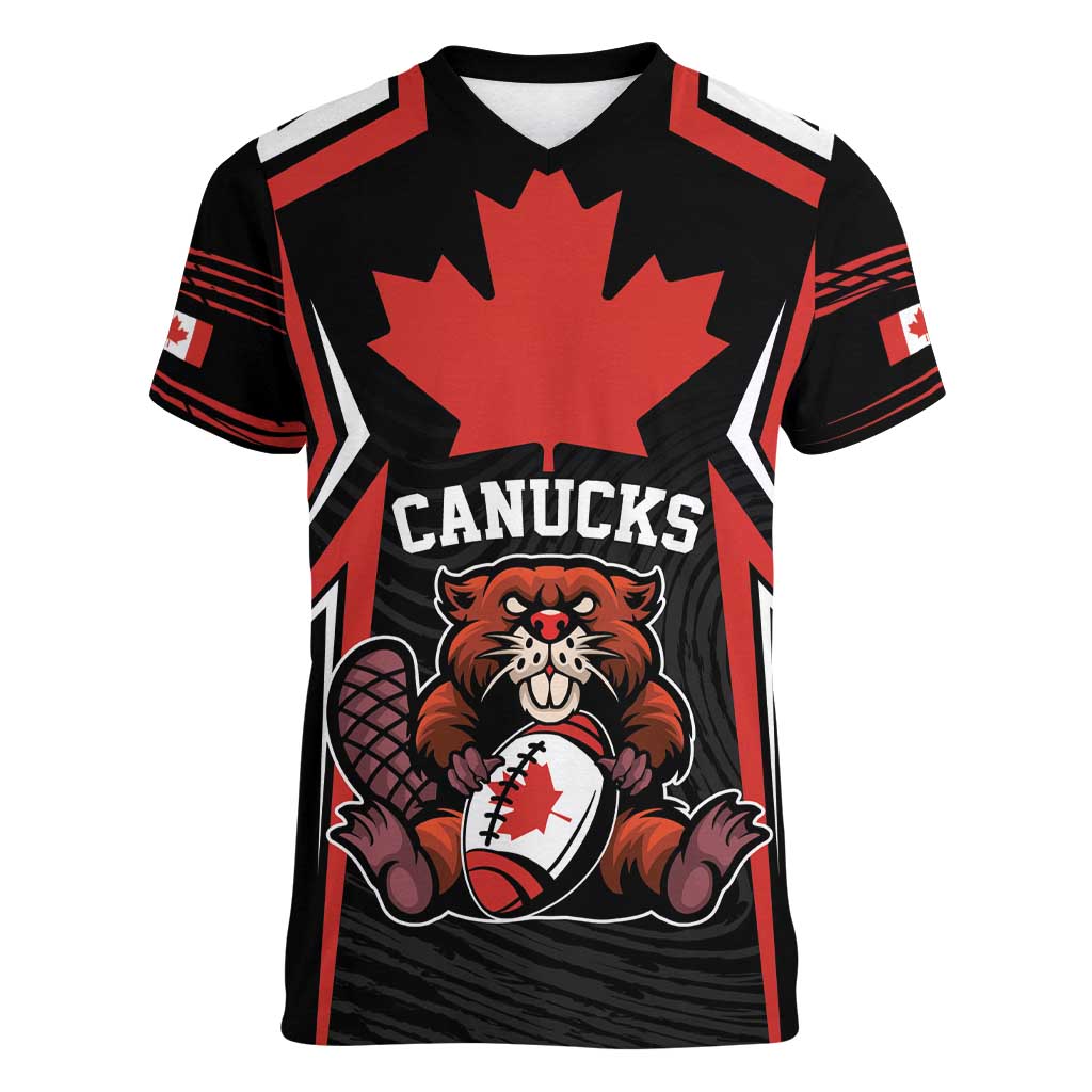 Custom Canada Rugby Pacific Women V-Neck T-Shirt Beaver and Maple Leaf