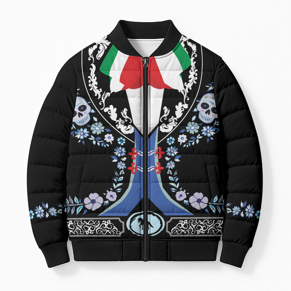 Dia de los Muertos Charro Suit Inspired Bomber Puffer Jacket Sugar Skull Floral