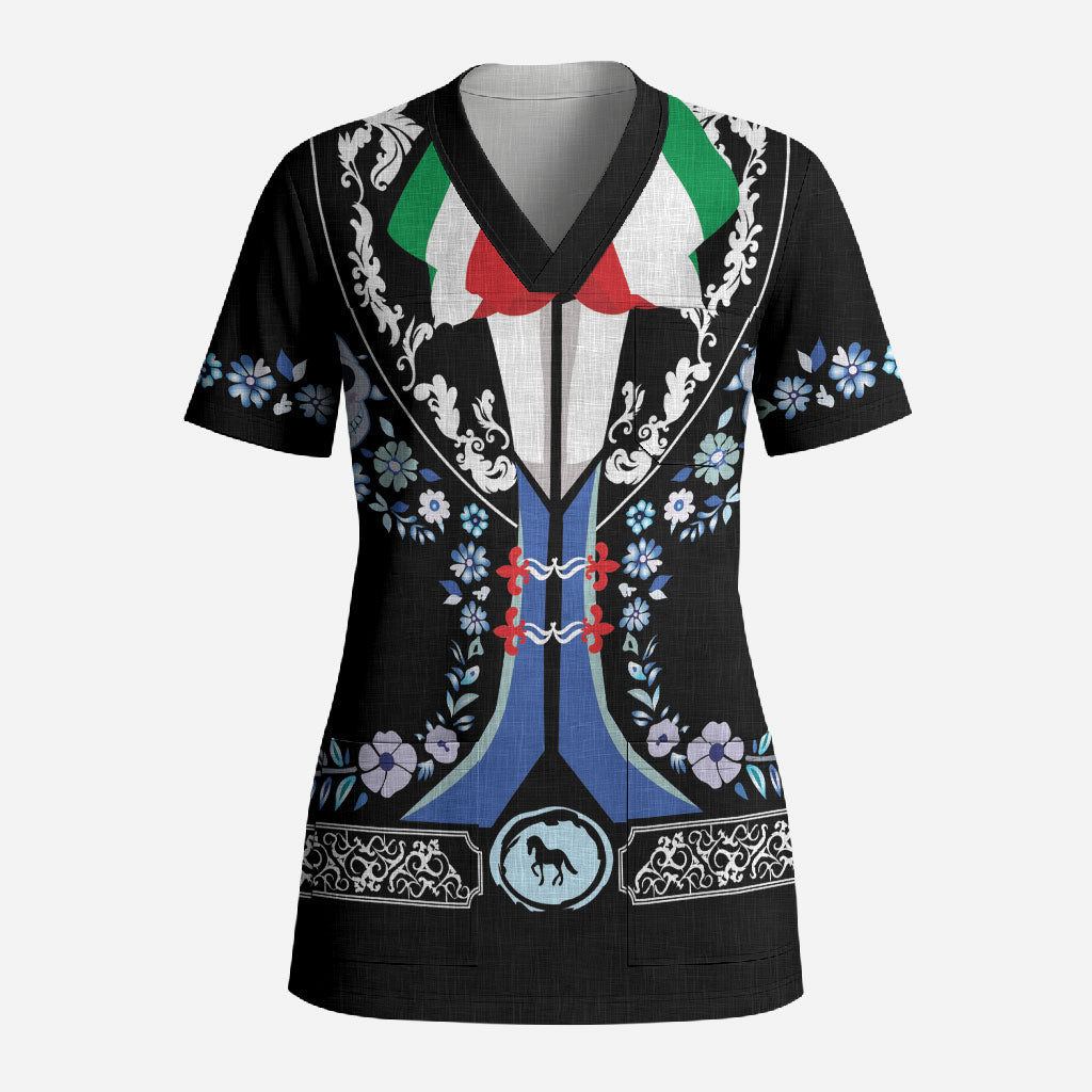 Dia de los Muertos Charro Suit Inspired Scrub Top Sugar Skull Floral