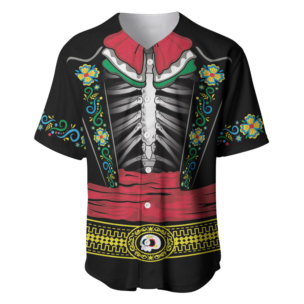 Dia de los Muertos Charro Suit Inspired Baseball Jersey Black Mariachi Skeleton Ribcage Bow Tie