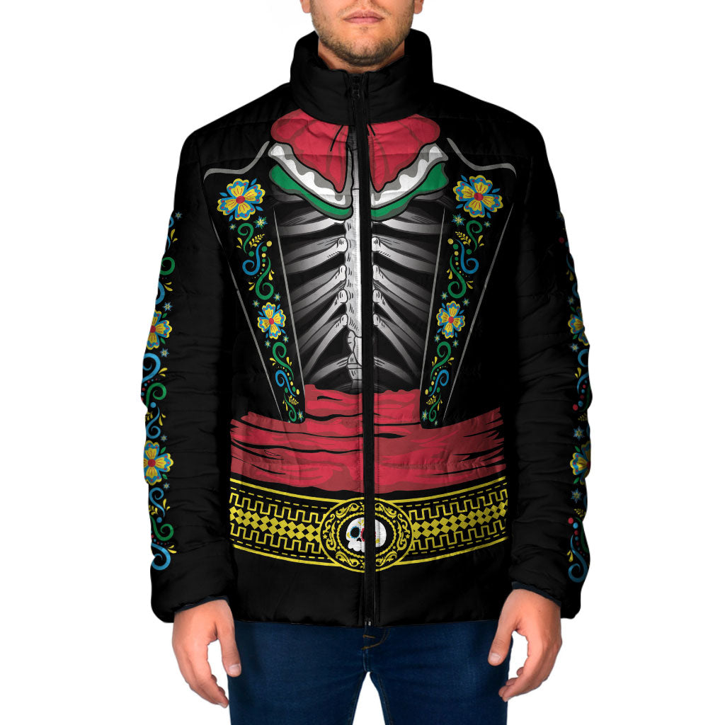 Dia de los Muertos Charro Suit Inspired Padded Jacket Black Mariachi Skeleton Ribcage Bow Tie