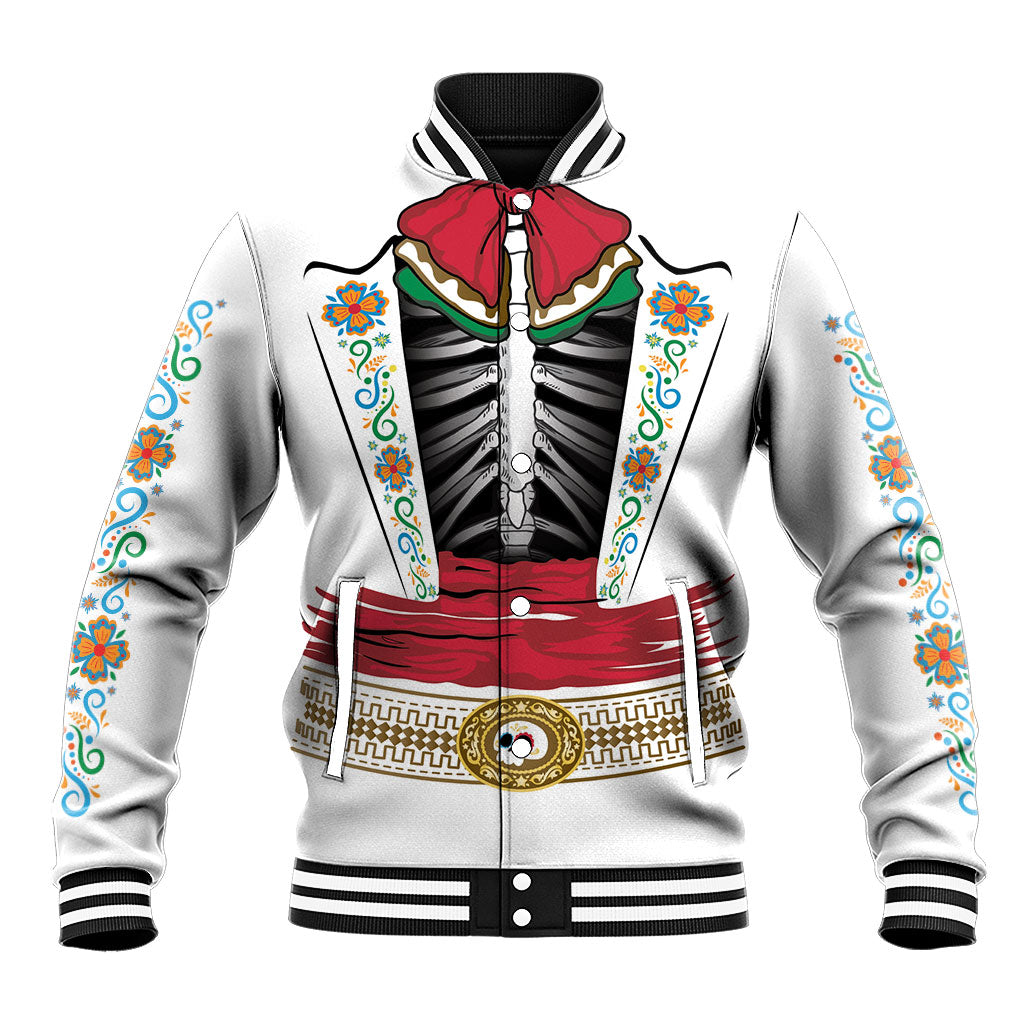 Dia de los Muertos Charro Suit Inspired Baseball Jacket White Mariachi Skeleton Ribcage Bow Tie
