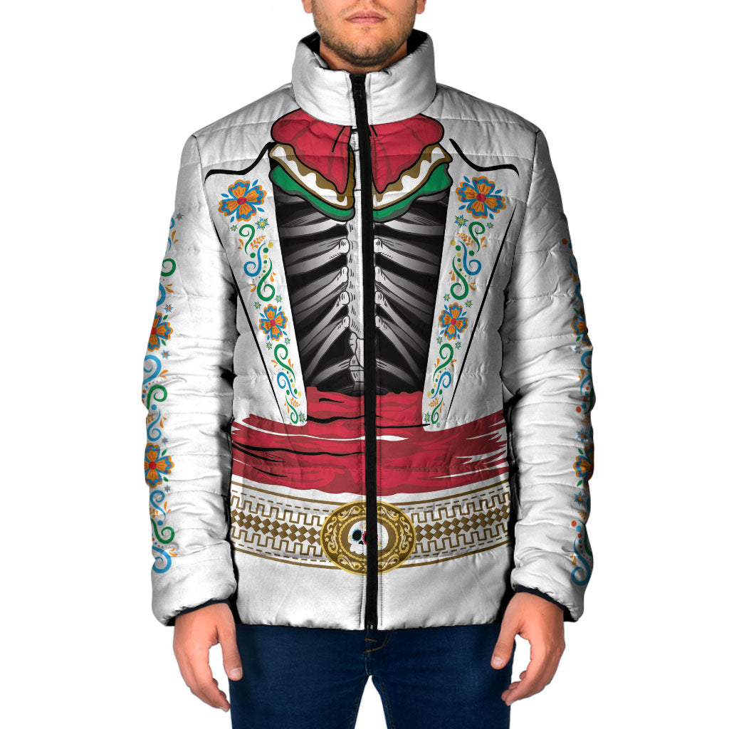 Dia de los Muertos Charro Suit Inspired Padded Jacket White Mariachi Skeleton Ribcage Bow Tie