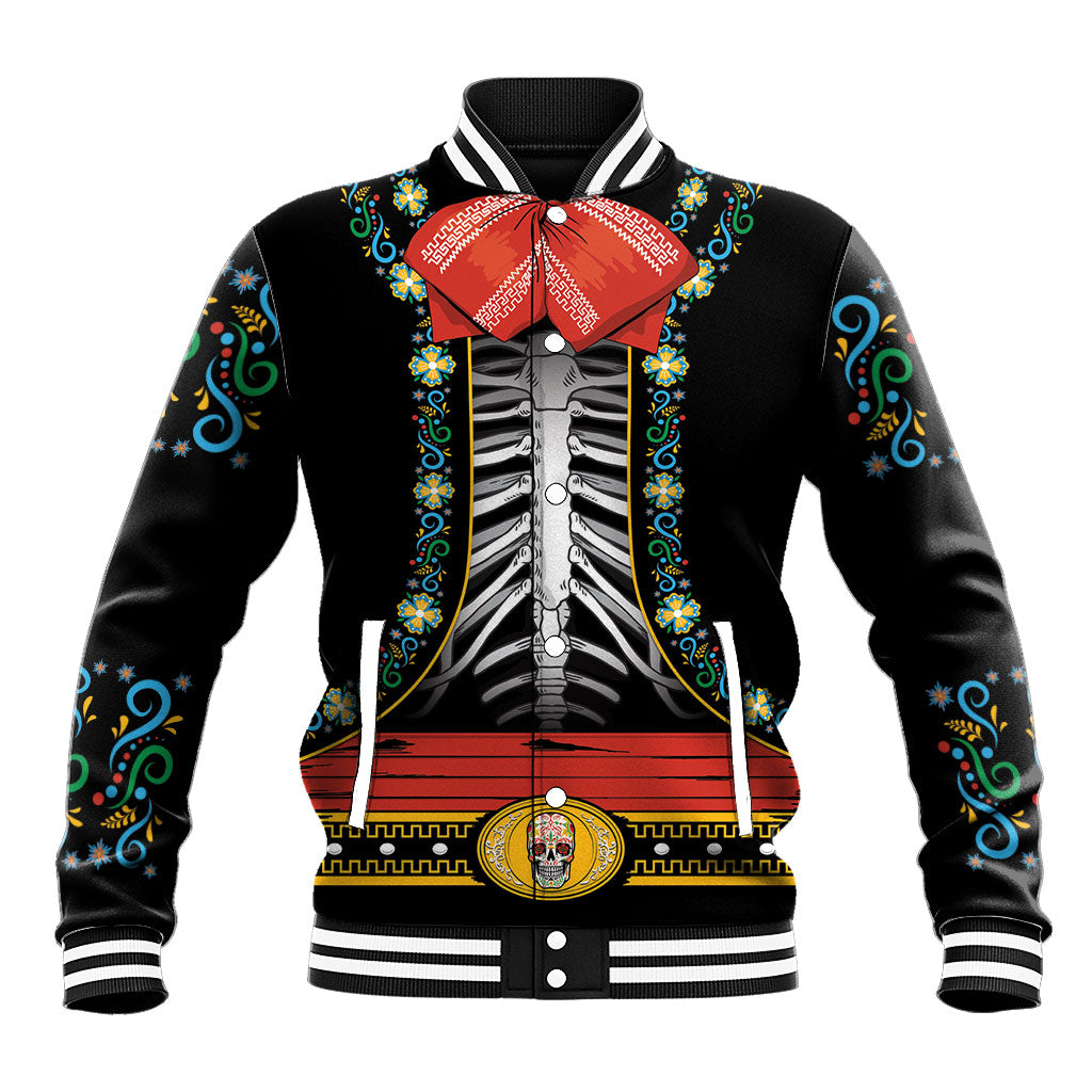 Dia de los Muertos Charro Suit Inspired Baseball Jacket Mariachi Sugar Skull Black