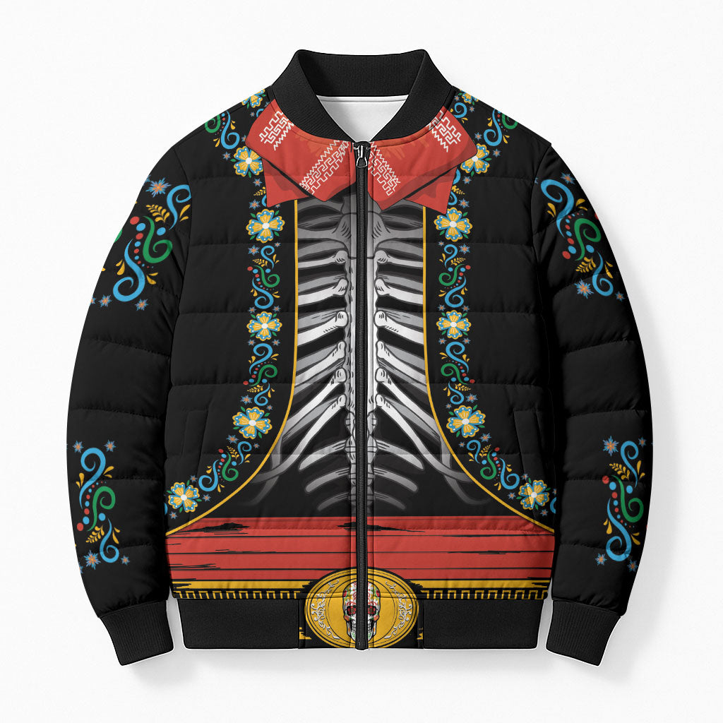 Dia de los Muertos Charro Suit Inspired Bomber Puffer Jacket Mariachi Sugar Skull Black